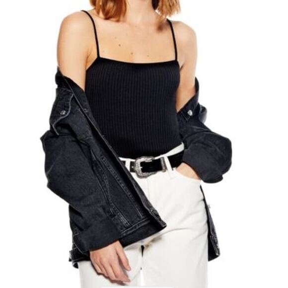 Topshop Black Ribbed Square Bodysuit Size 4 - Picture 1 of 6